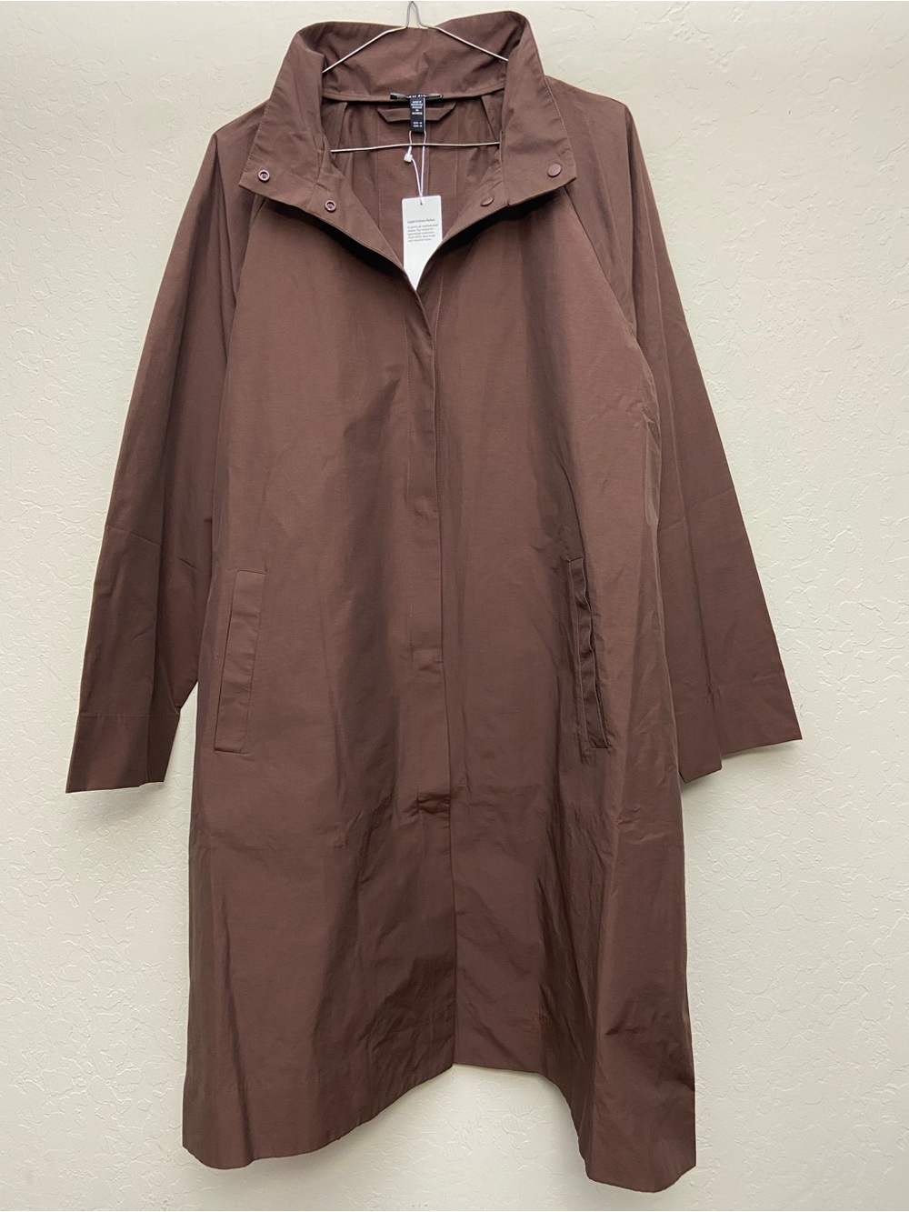 EILEEN FISHER Brown Organic Light Cotton Nylon A-Line Coat Stand Collar Size M